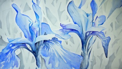 Aquarellbild zweier abstrakter  Irisblüten in Blautönen